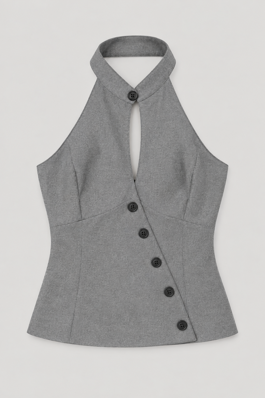 Chloe grey tailored halter top laid flat, showing asymmetric buttons