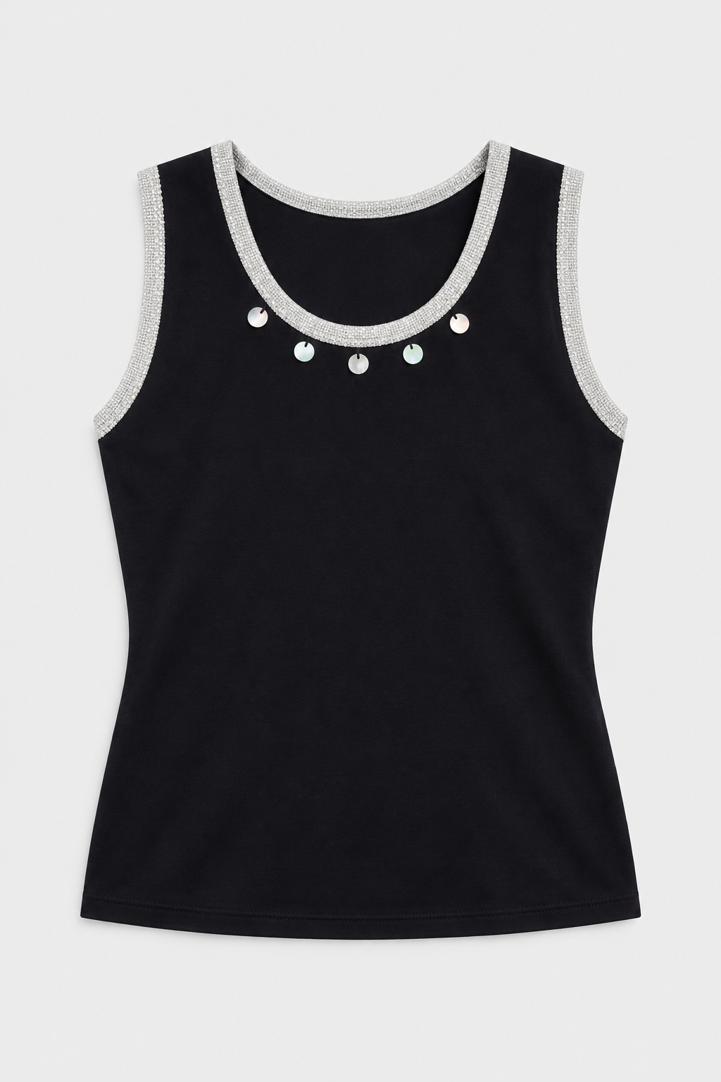 Jade black sleeveless top laid flat, showing metallic trim and shell details