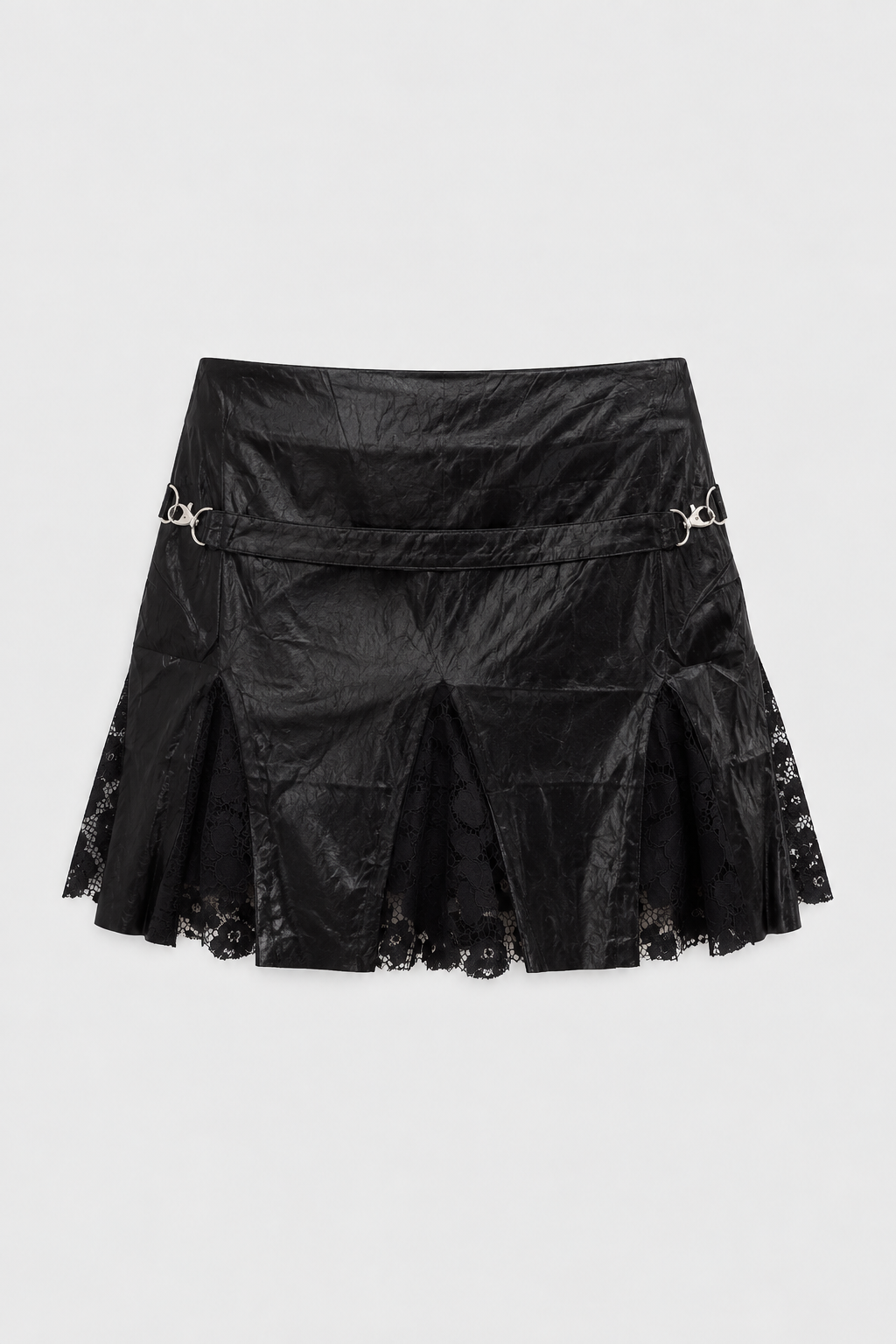 Bellini black mini skirt laid flat, showing lace hem and buckled belt