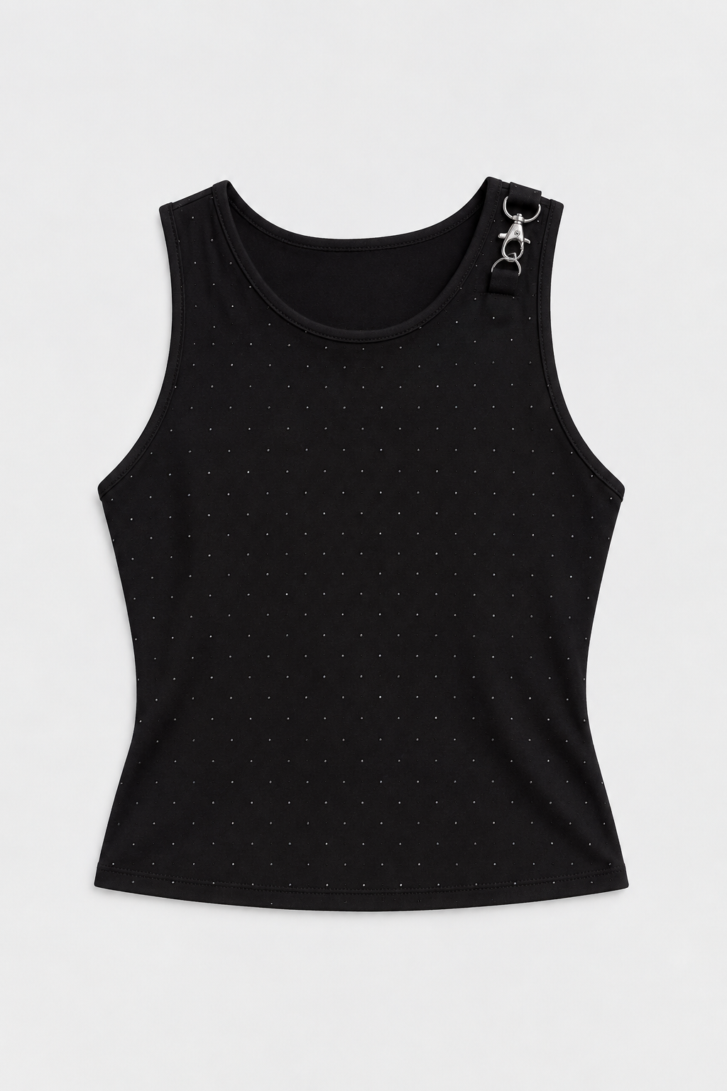 Spritz black sleeveless top laid flat, showing rhinestone studs and buckle detail