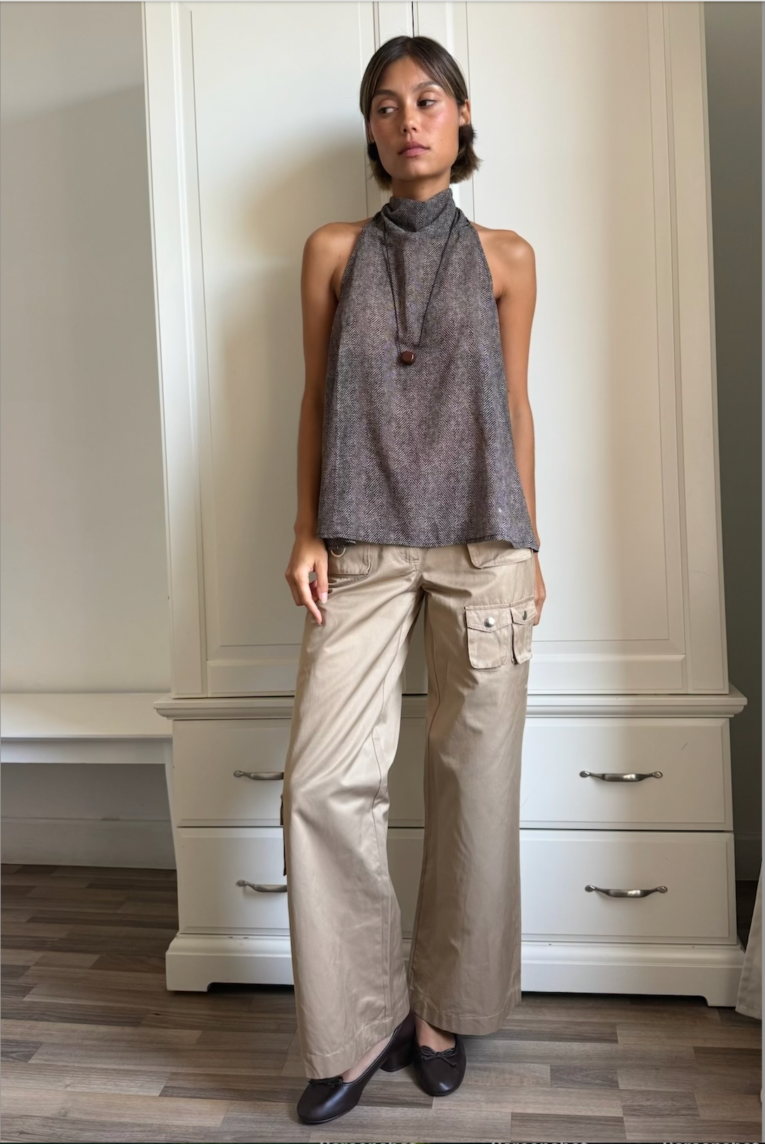 Barbara halter top with scarf tied at the neck, front view