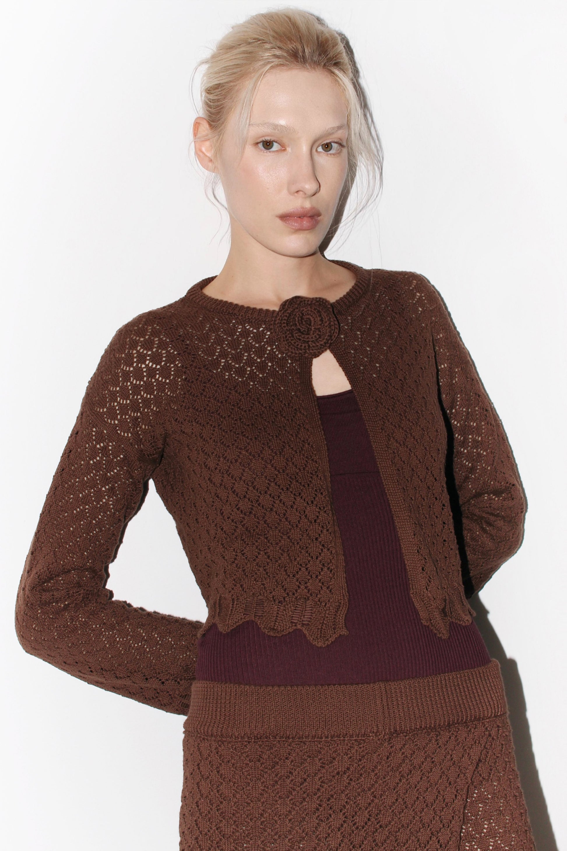 Close-up of the Carolina Cardigan – soft ribbed knit texture with button detail and tailored finish.