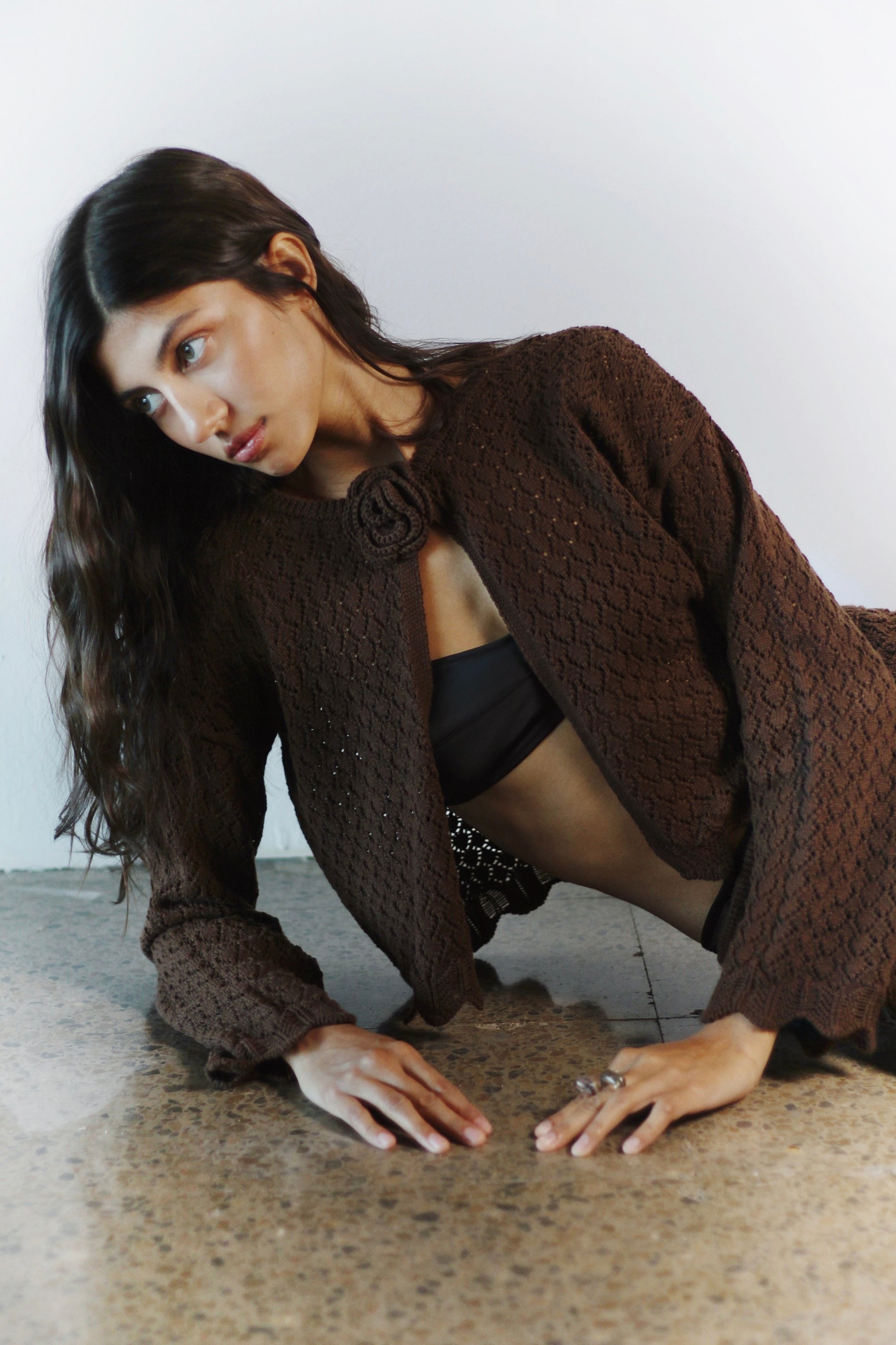 Studio photo – Carolina Cardigan styled casually, timeless Coloma’s design with a feminine edge.