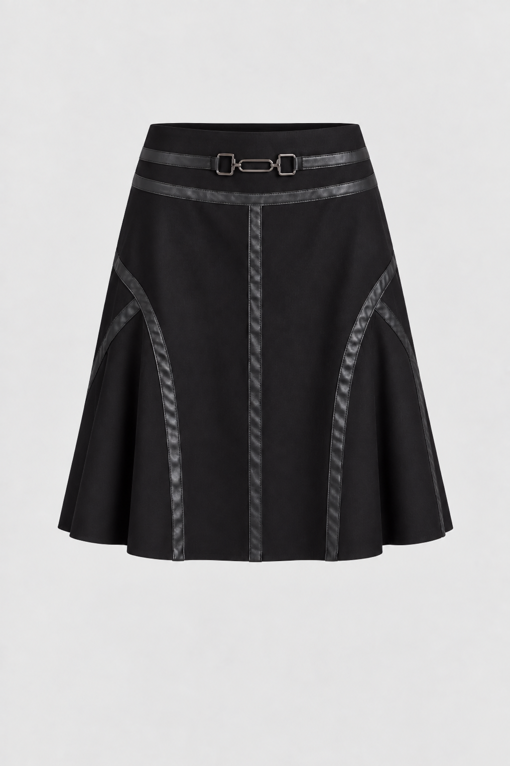 Olivia black skirt laid flat, showing the belt and panel stripes