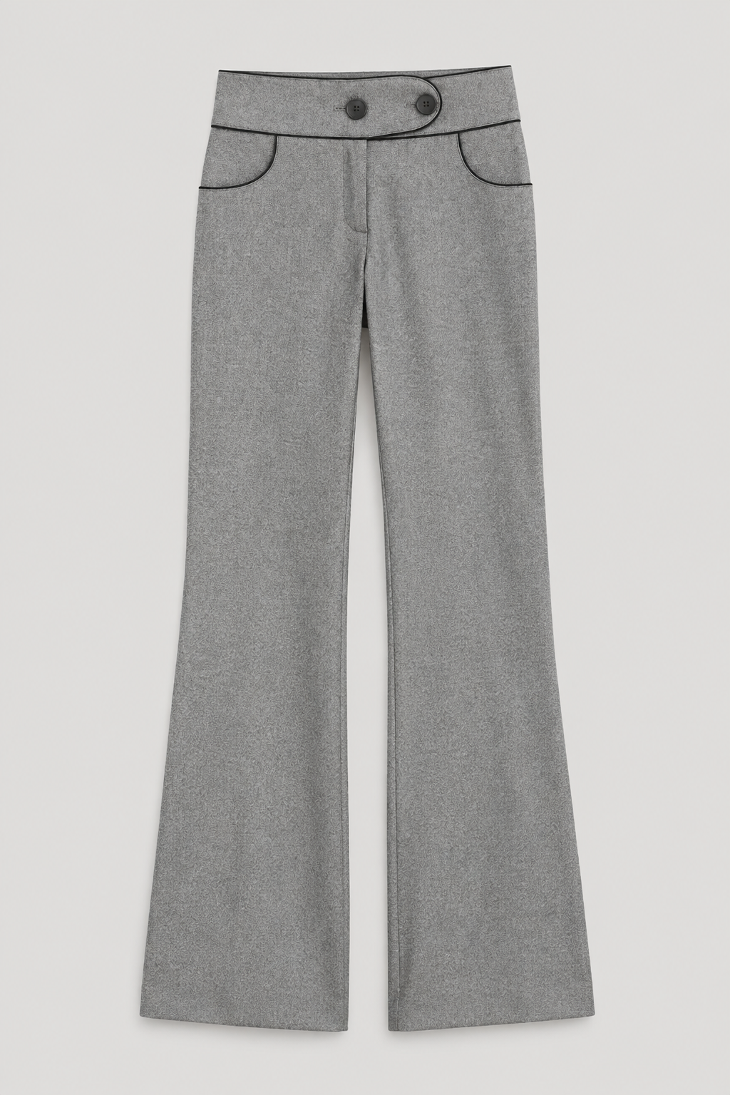 Andrea grey wide-leg trousers with contrast black piping, front view