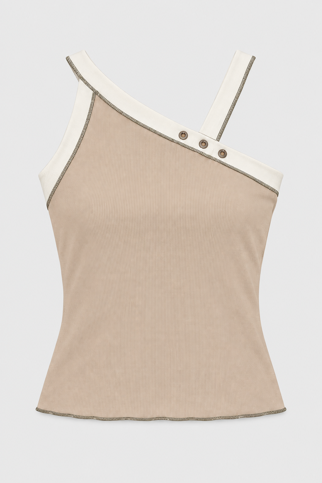 Nat beige top laid flat with an asymmetric ivory-trimmed neckline