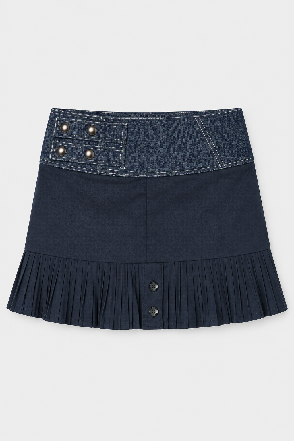 Eva dark denim pleated mini skirt laid flat, front view