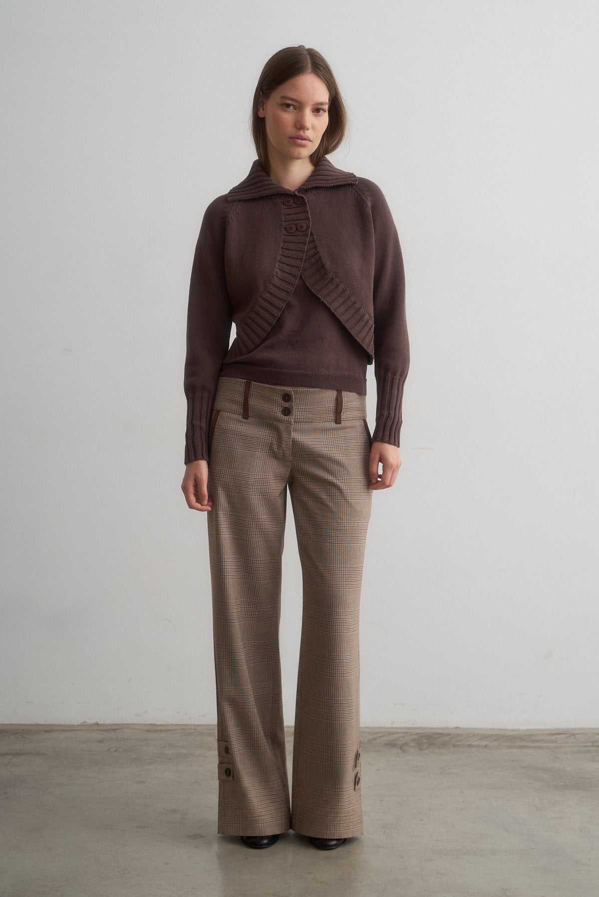 Front view of Carlita chocolate brown knit set showing the cropped cardigan over its matching top.