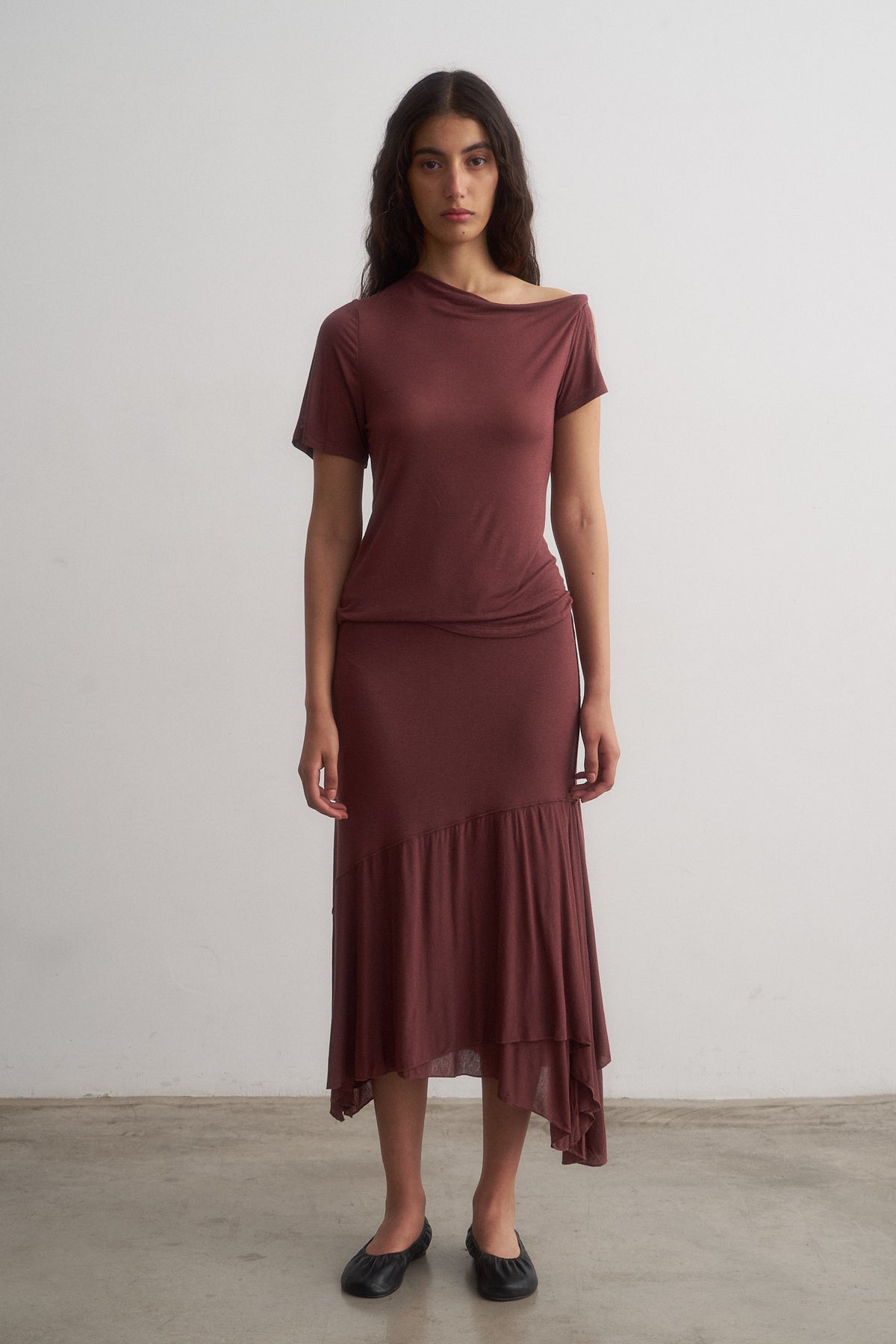 Alina burgundy top worn with Lou midi skirt, full-length front view