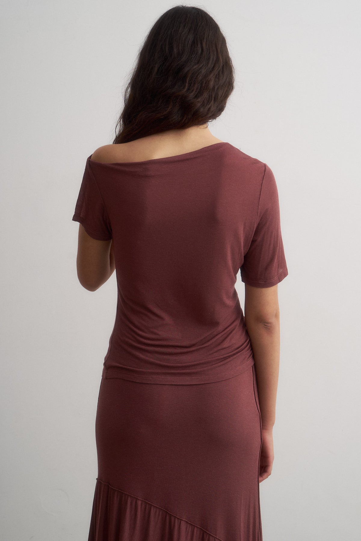 Alina burgundy asymmetric top, rear detail