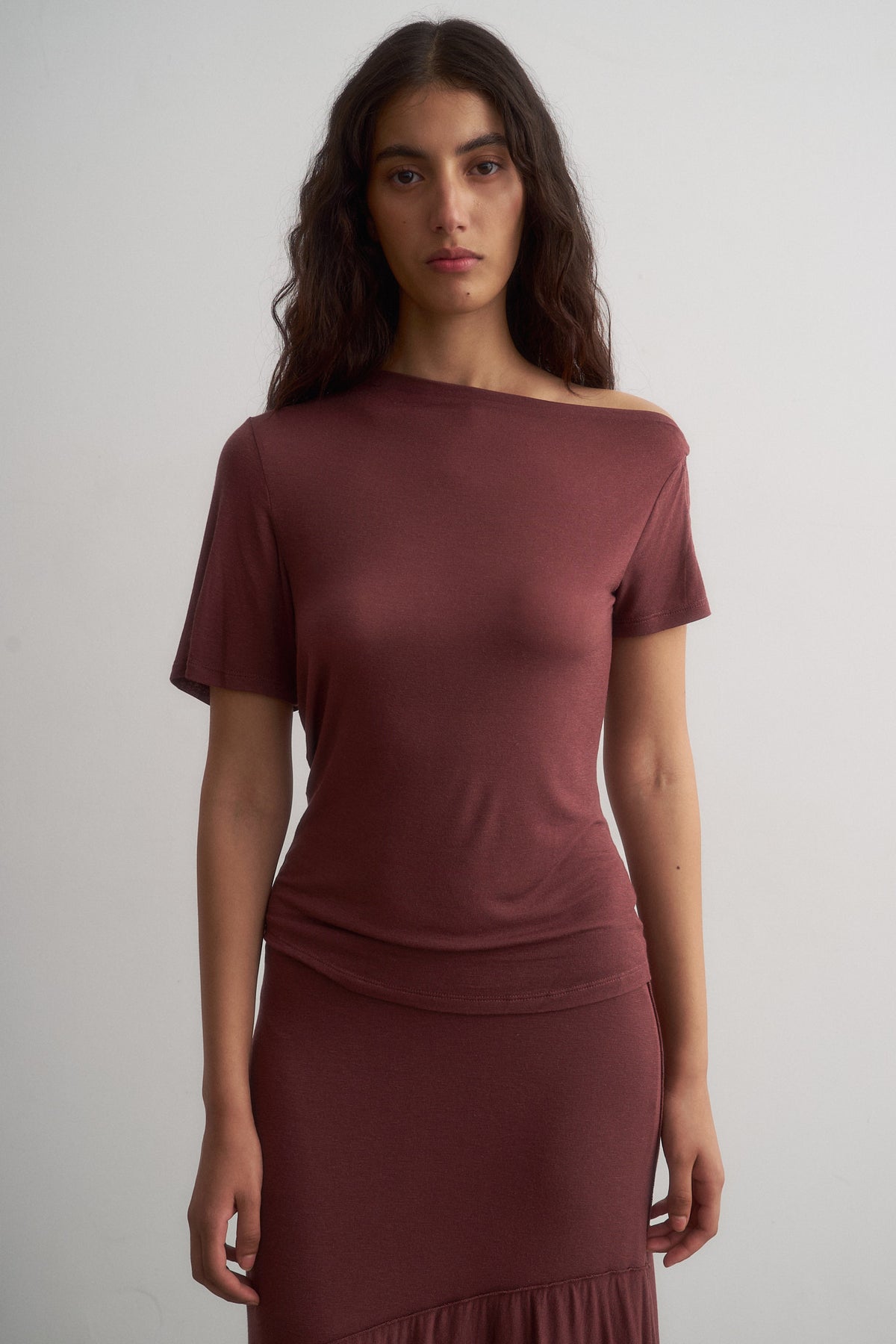 Alina burgundy asymmetric top, front detail