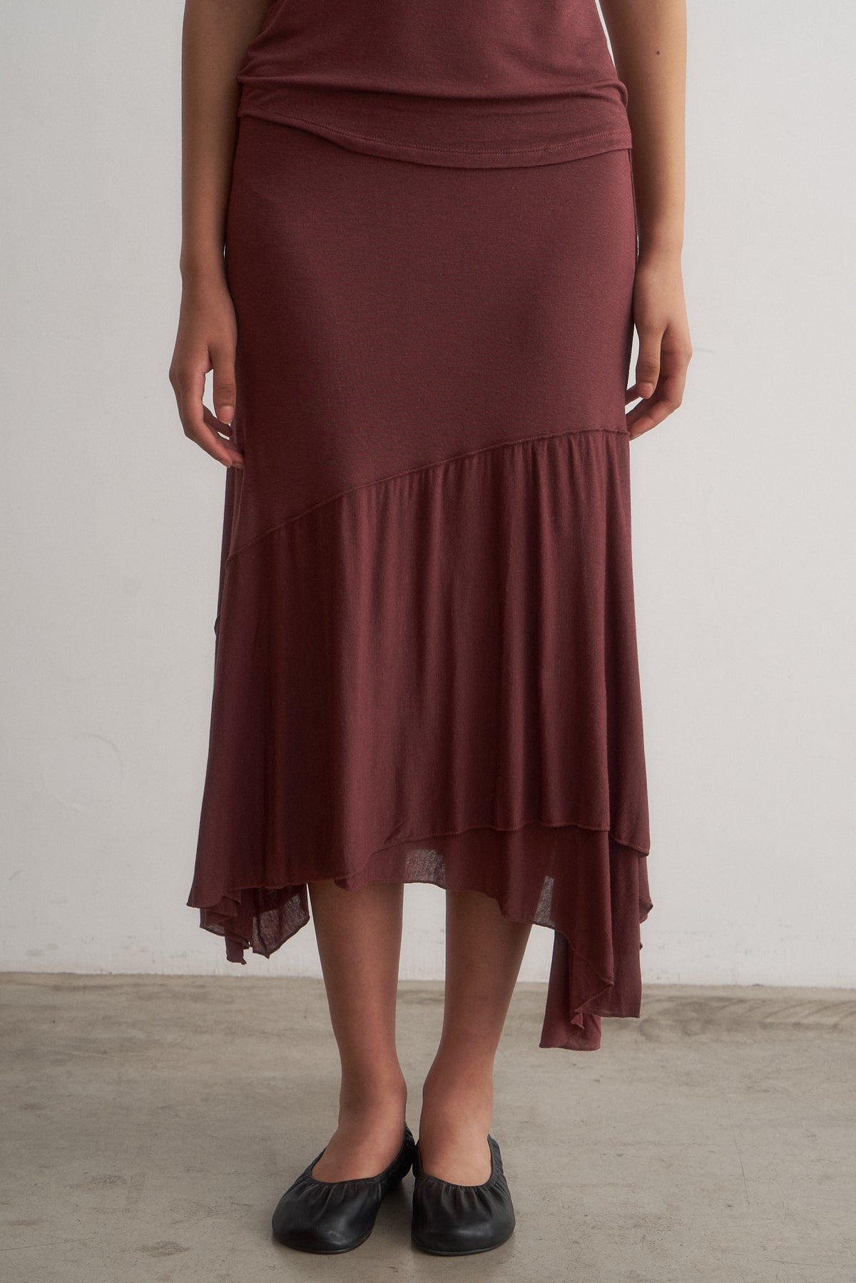 Lou burgundy asymmetric midi skirt, front detail