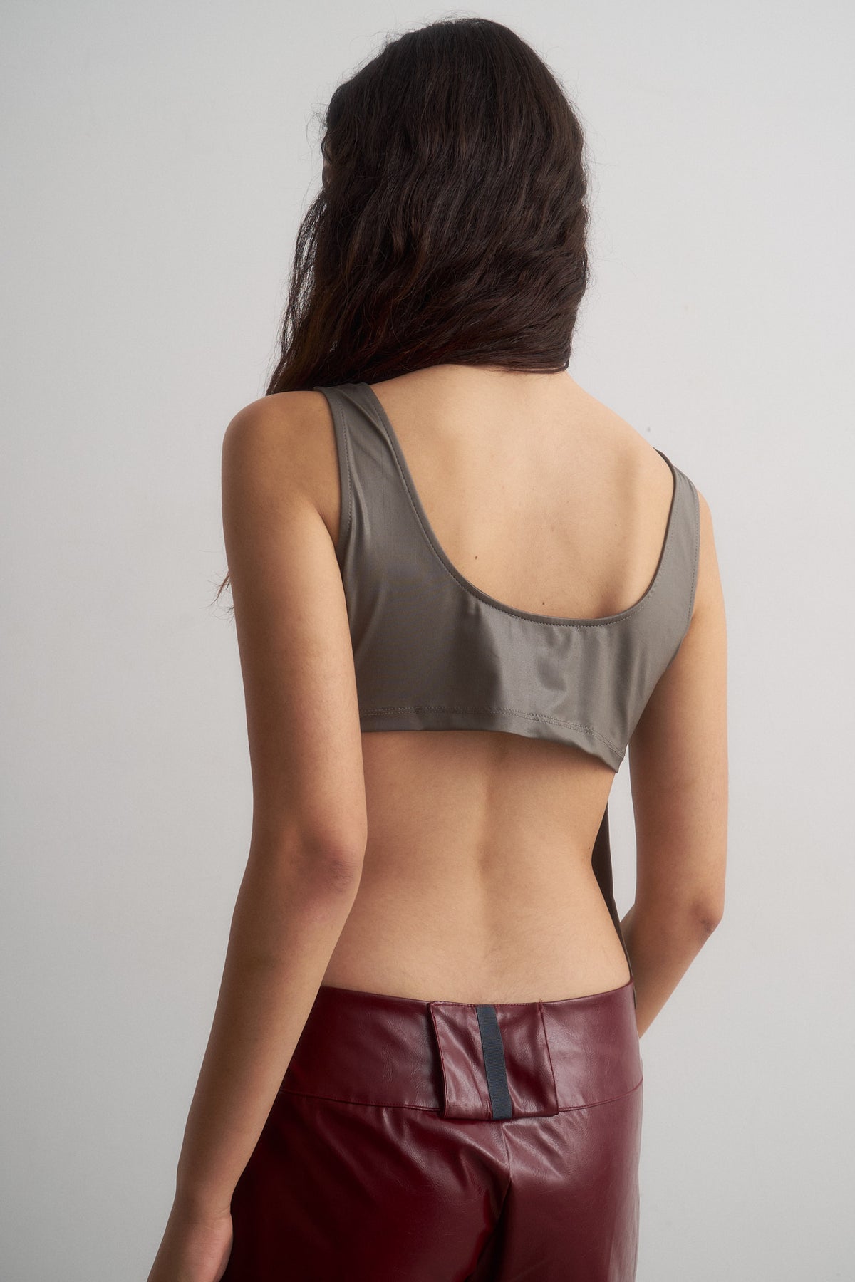 Maria metallic grey top, rear view showing the open back