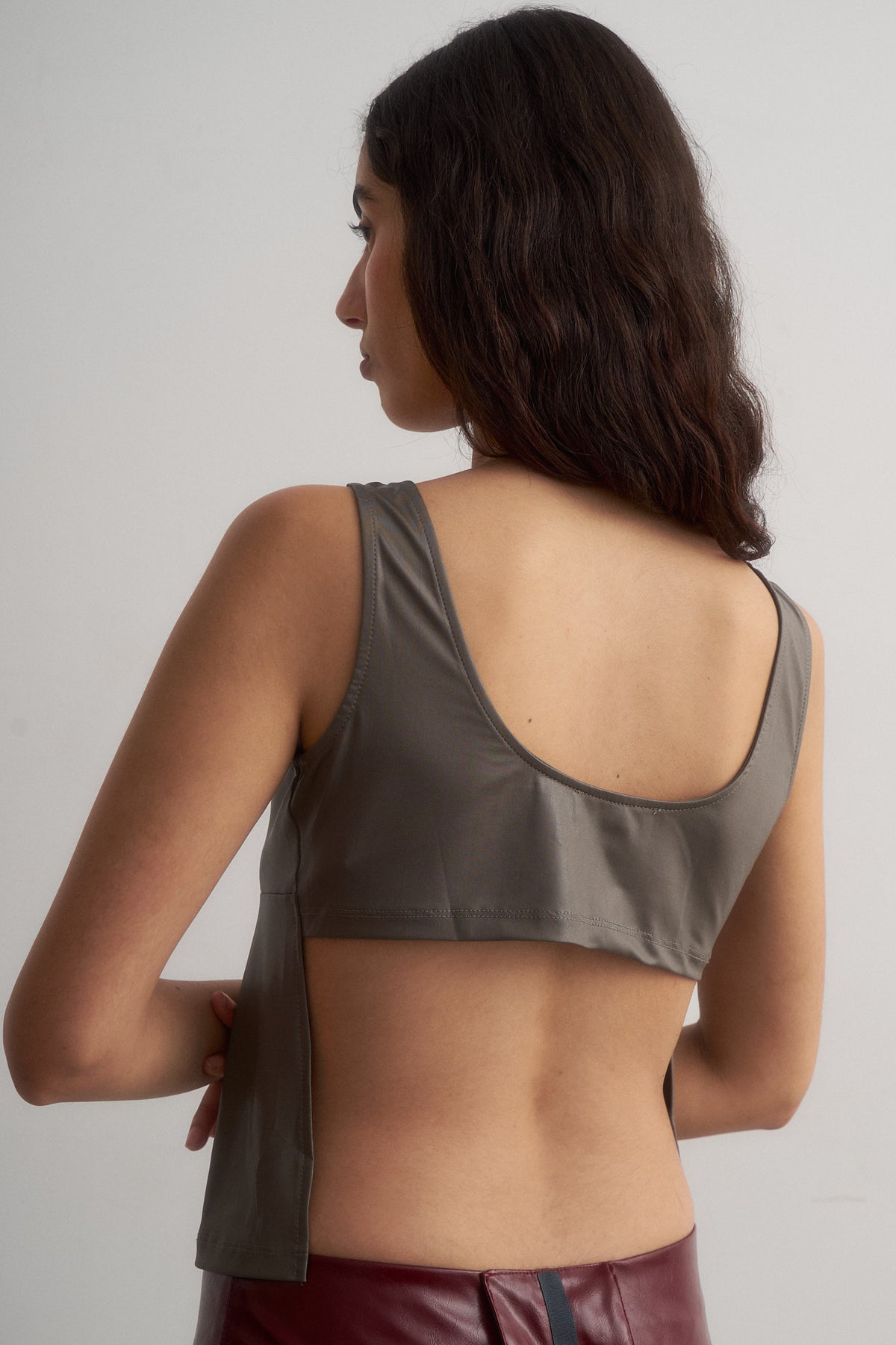 Back view of Maria metallic grey sleeveless top