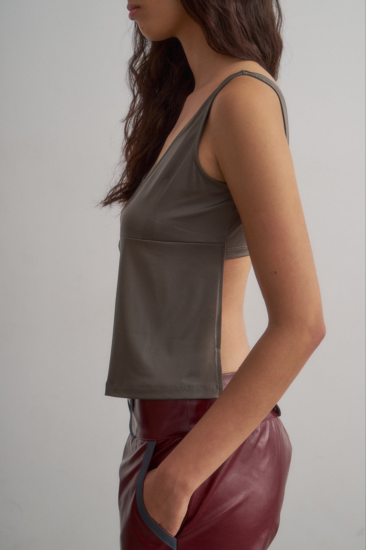 Maria metallic grey top, side view showing the open back