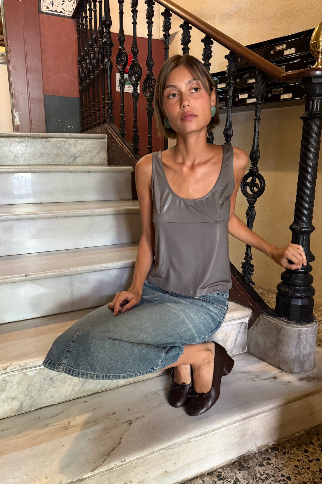 Back view of Maria metallic grey sleeveless top