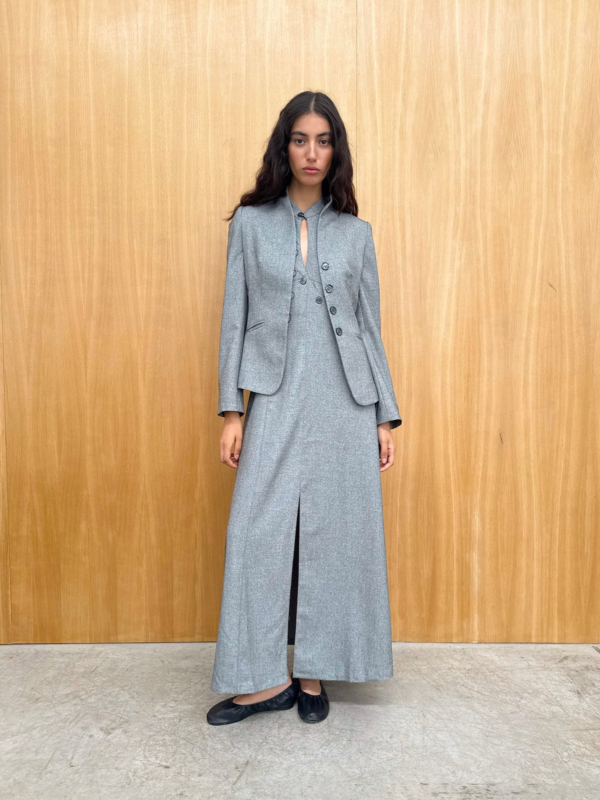 Chloe grey halter dress styled with the Andrea grey jacket.