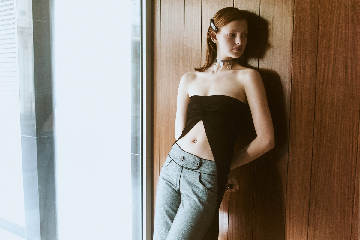 Andrea grey jacket styled with the matching wide-leg trousers.